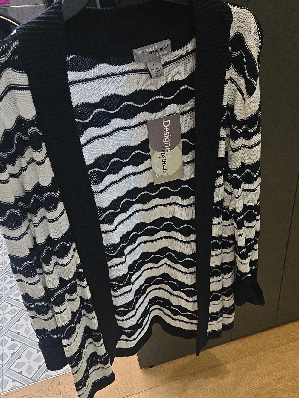 Designers Originals Black & White Wavy Stripe Open Cardigan